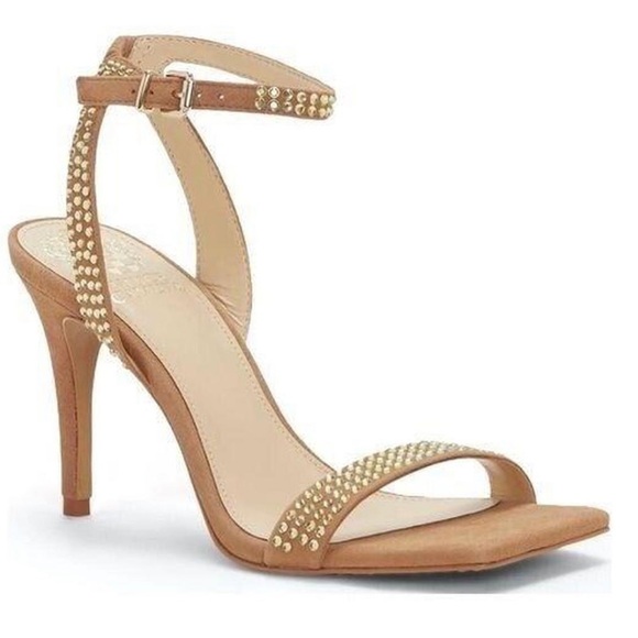 Vince Camuto Shoes - Vince Camuto Saprenda Rhinestone Beige Suede Ankle Strap Heeled Sandals Size 7